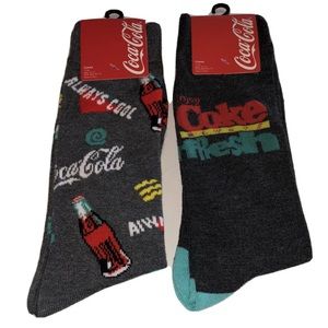 Coca Cola Crew Socks 2 Pair Men 6.5-12 Gray Red w Logo Enjoy Coke Soda Pop NEW!